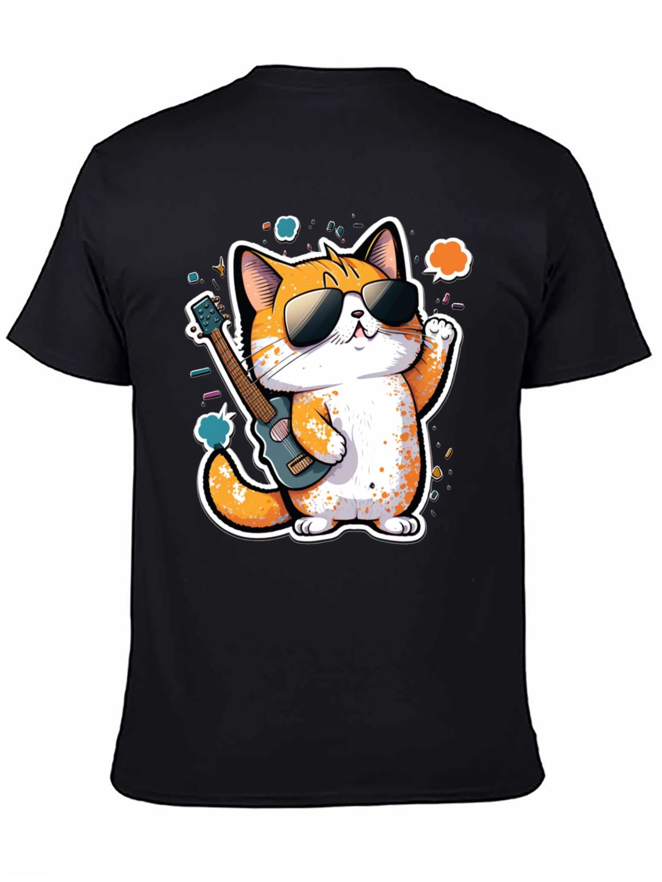 Cool Cat Guitarist Graphic Tee - Black Cotton T-Shirt