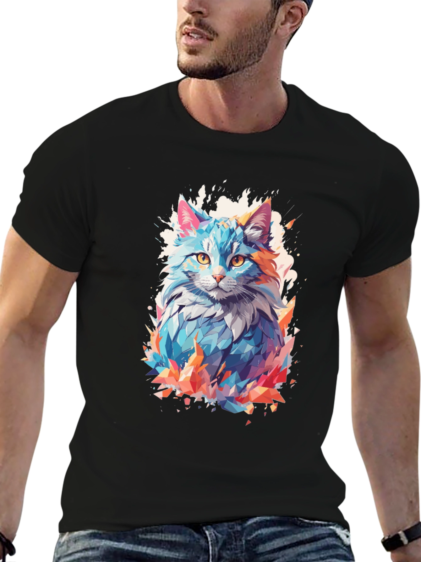 Abstract Cat Graphic Black T-Shirt