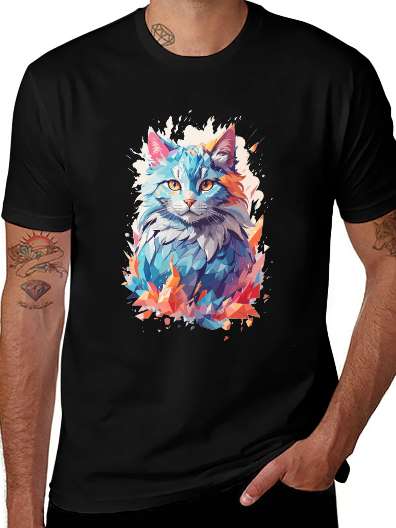 Abstract Cat Graphic Black T-Shirt