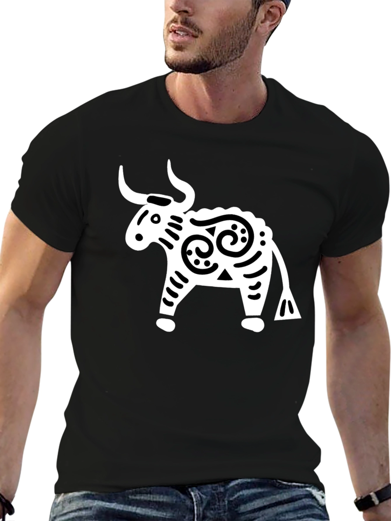 Stylized Bull Graphic Tee - Black