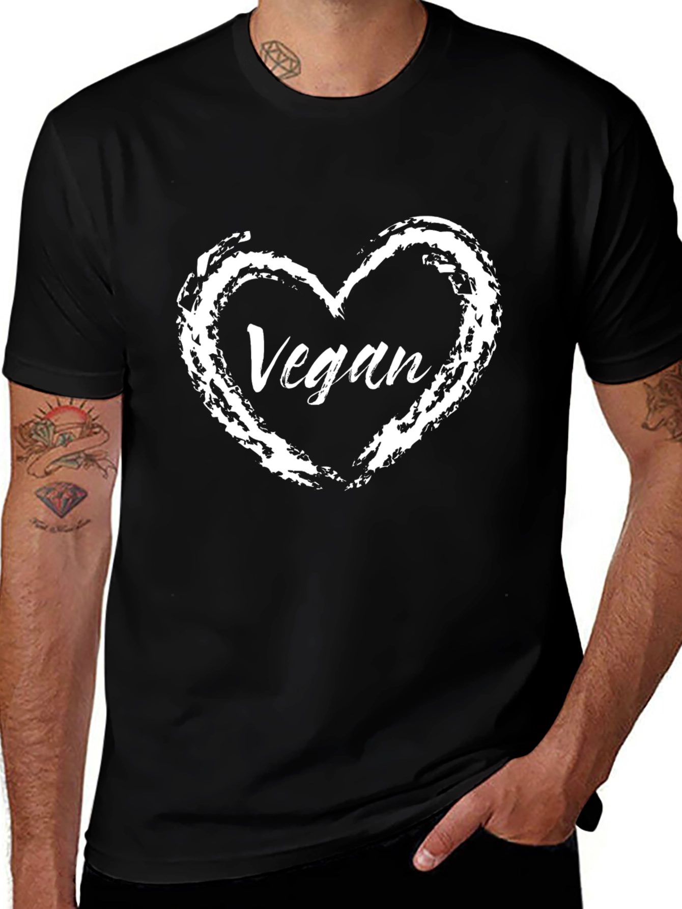 Vegan Heart Graphic Tee - Black Crew Neck T-Shirt