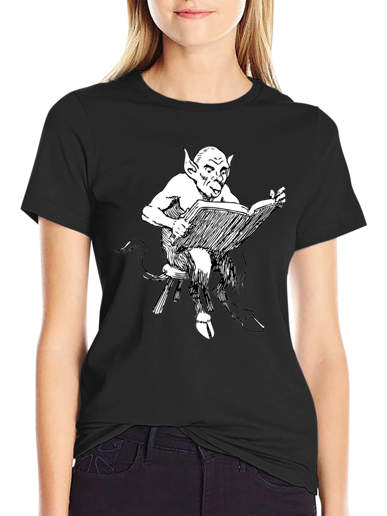 Satyr Reading Book Black T-Shirt