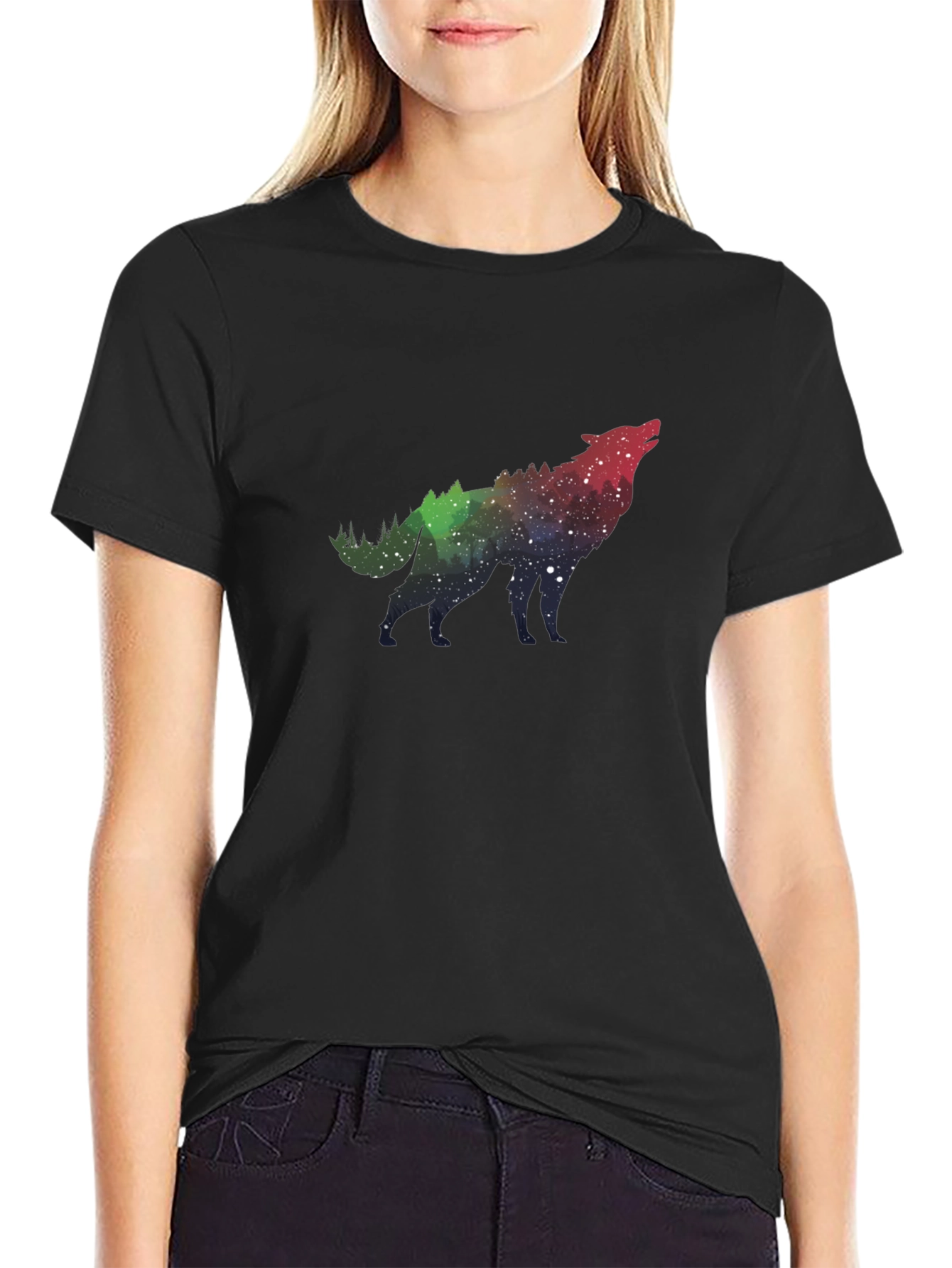 Wolf Galaxy Print Black T-Shirt