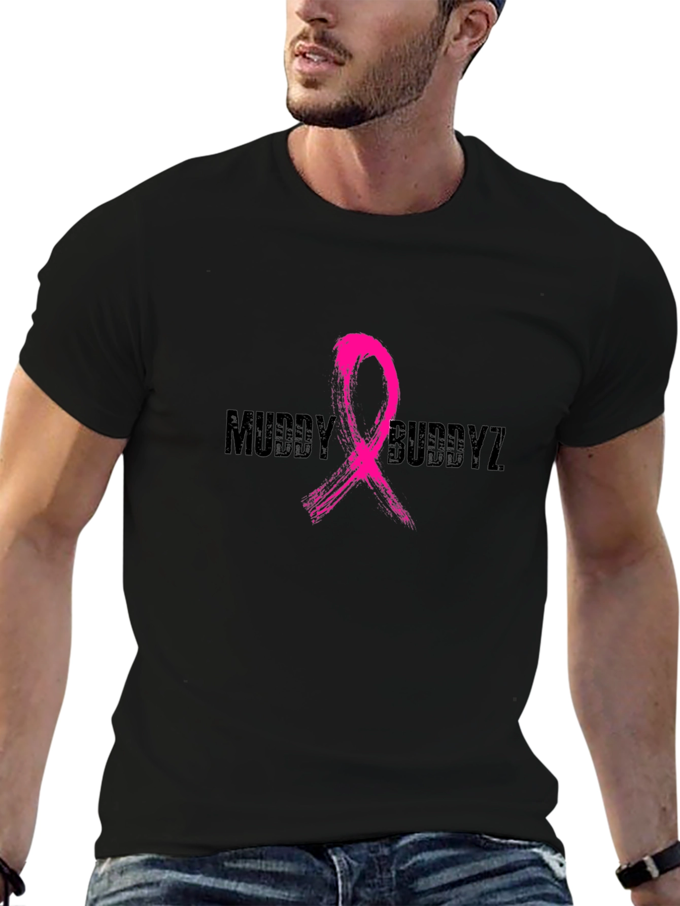 Muddy Buddyz Black T-Shirt with Pink Ribbon Graphic