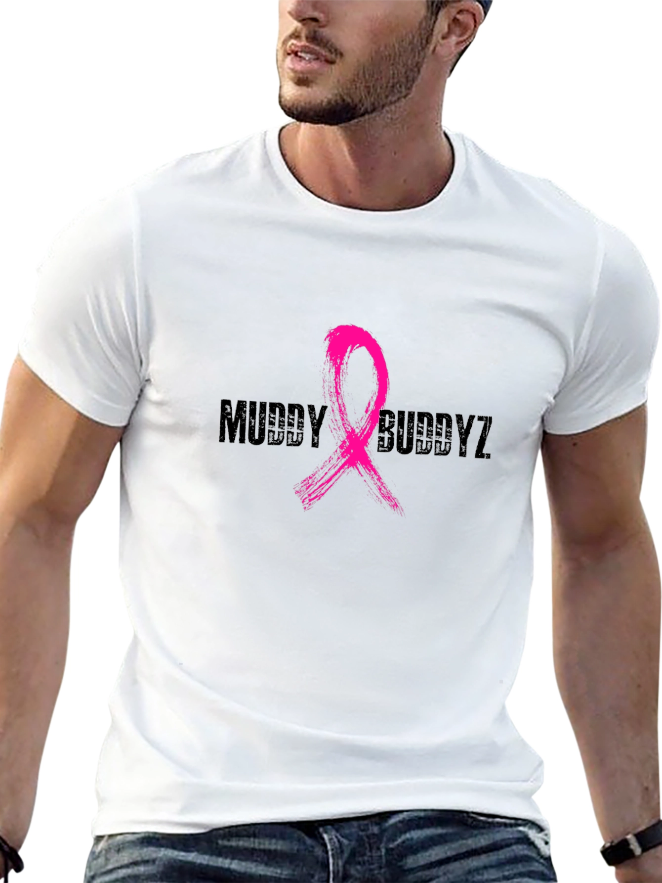 Muddy Buddyz Black T-Shirt with Pink Ribbon Graphic