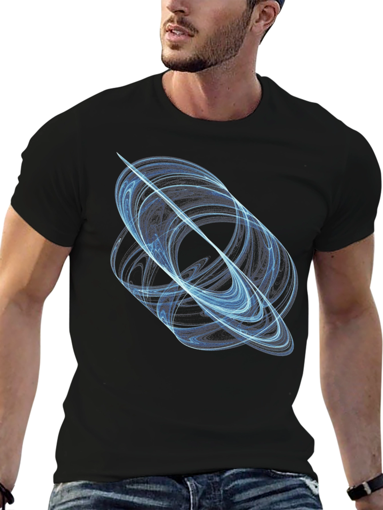 Abstract Blue Swirl Graphic Black T-Shirt