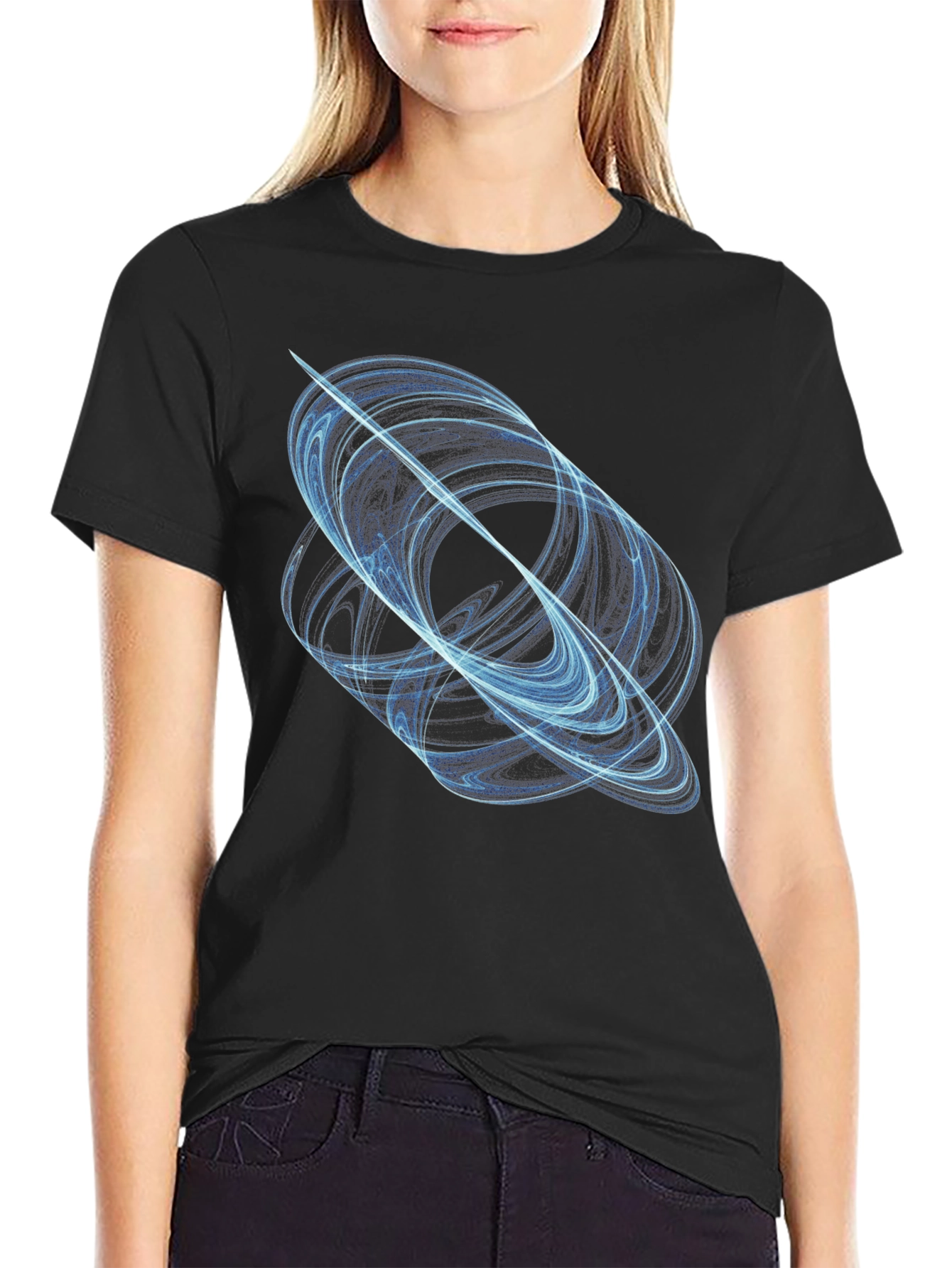 Abstract Blue Swirl Graphic Black T-Shirt