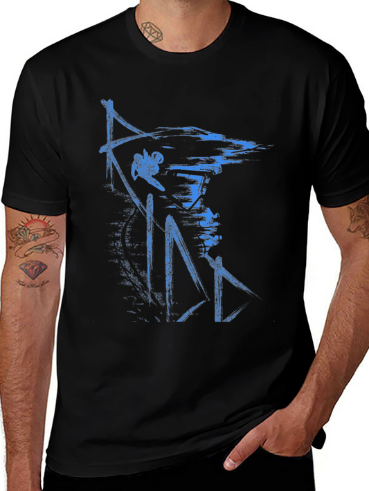 Abstract Blue Graphic Print Black T-Shirt