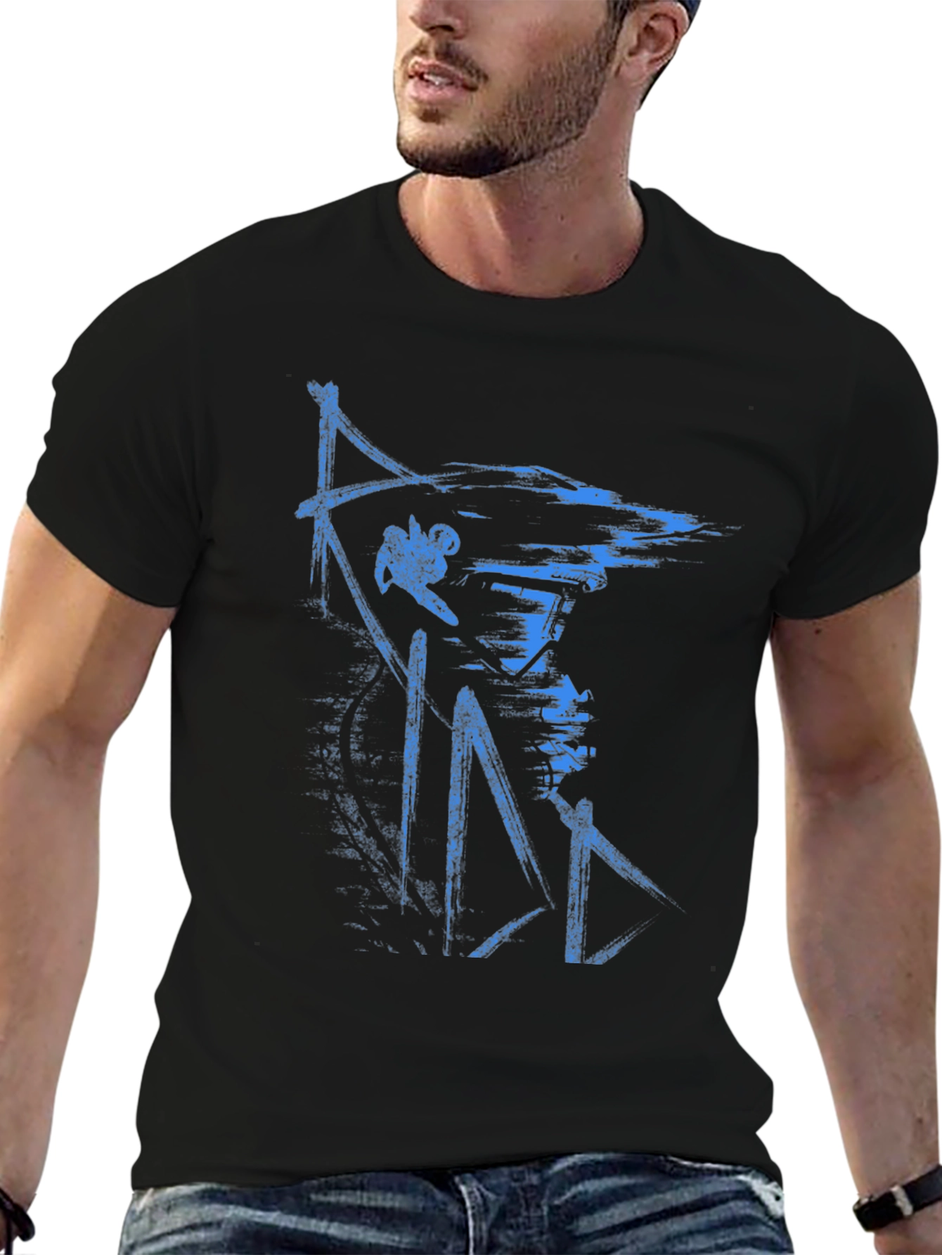 Abstract Blue Graphic Print Black T-Shirt