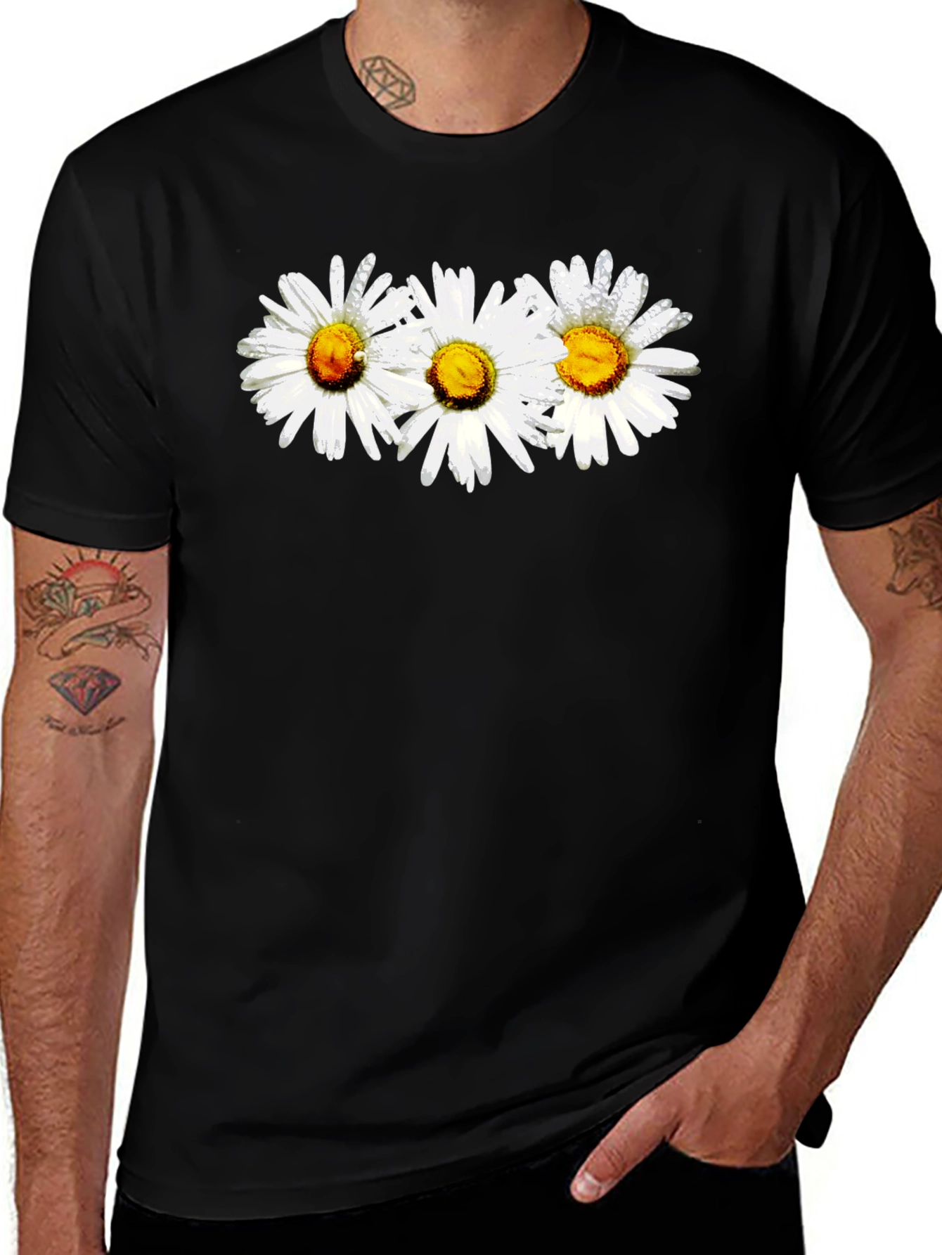 Daisy Flower Graphic Print Black Crew Neck T-Shirt