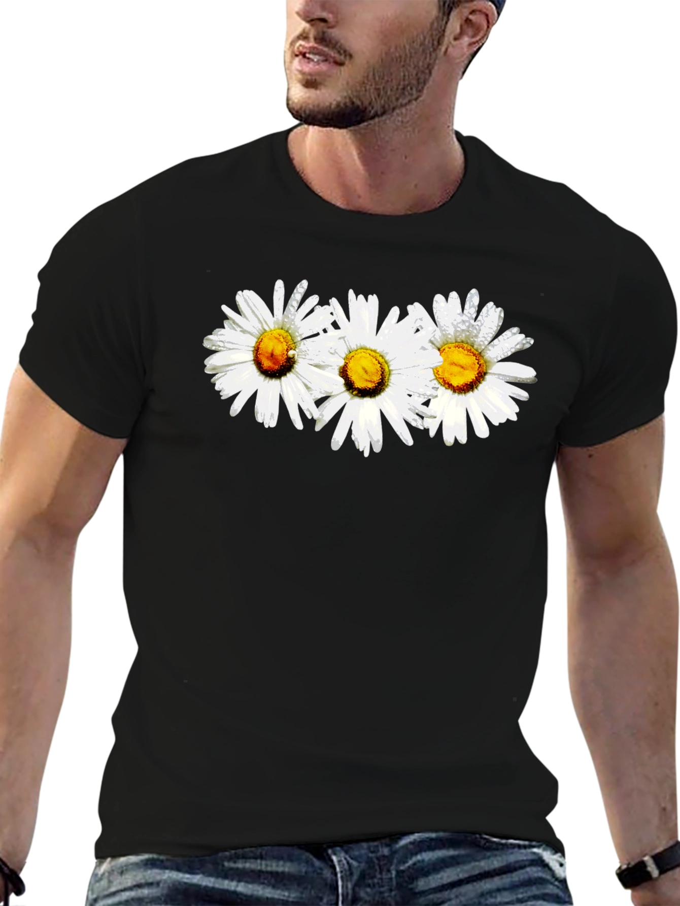Daisy Flower Graphic Print Black Crew Neck T-Shirt