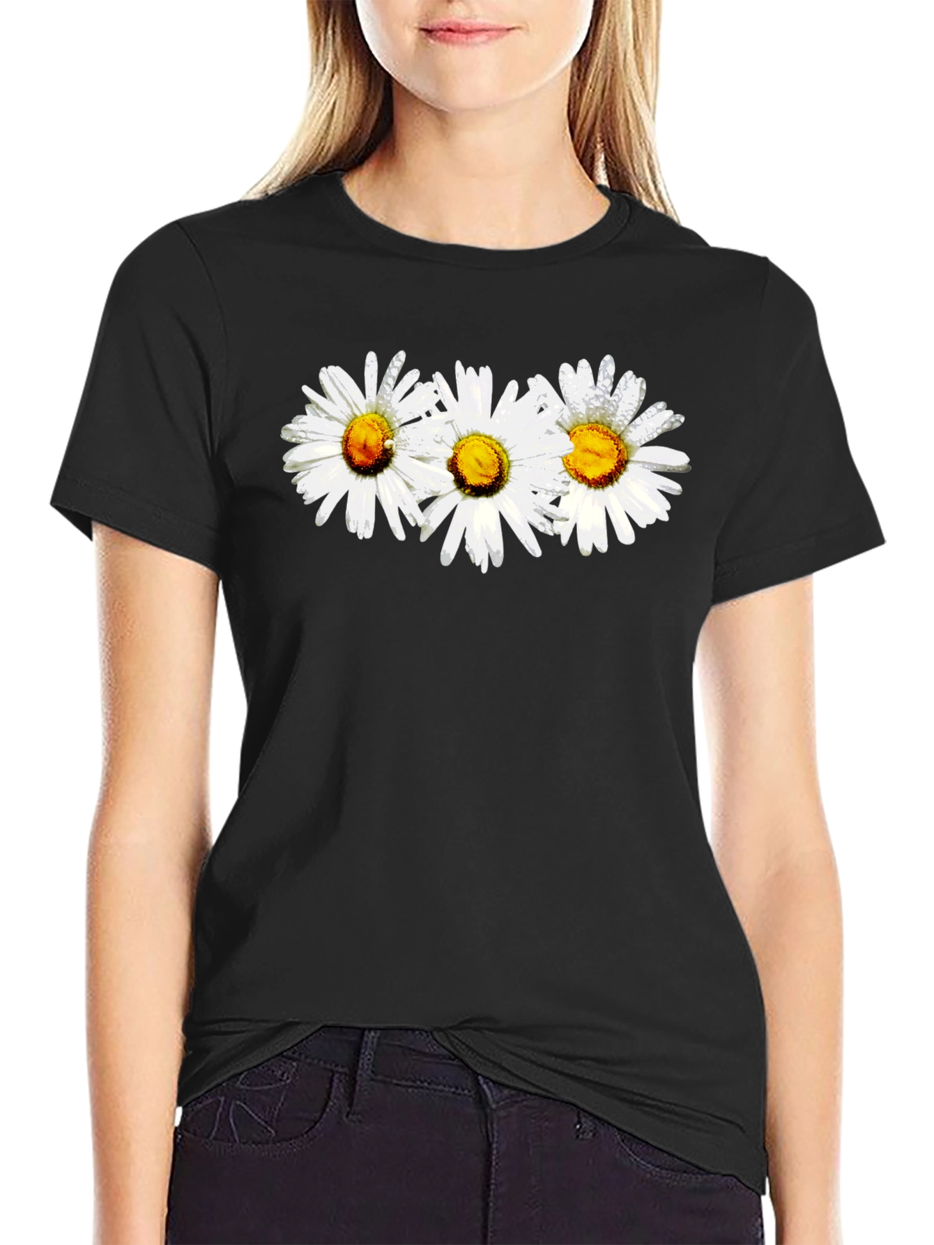 Daisy Flower Graphic Print Black Crew Neck T-Shirt