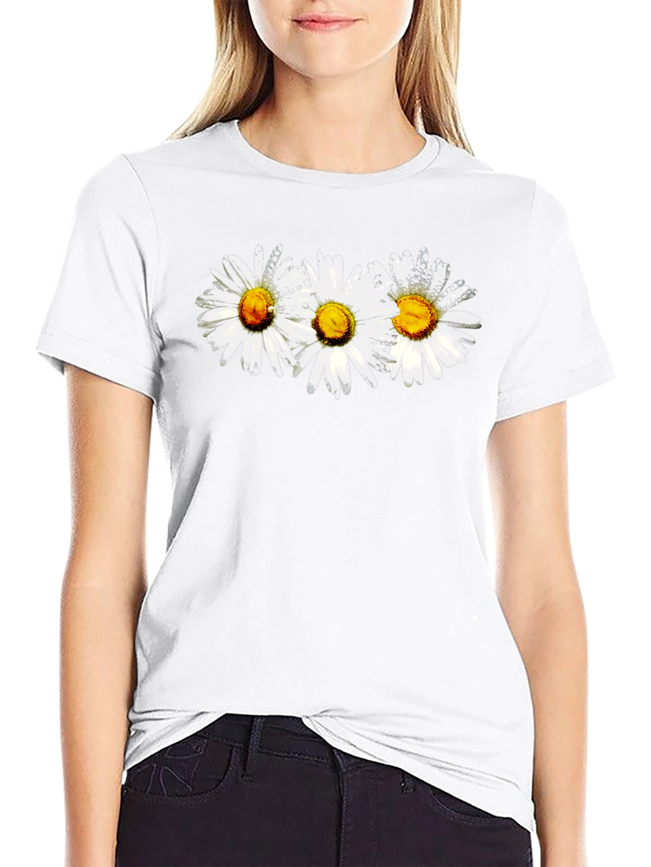 Daisy Flower Graphic Print Black Crew Neck T-Shirt