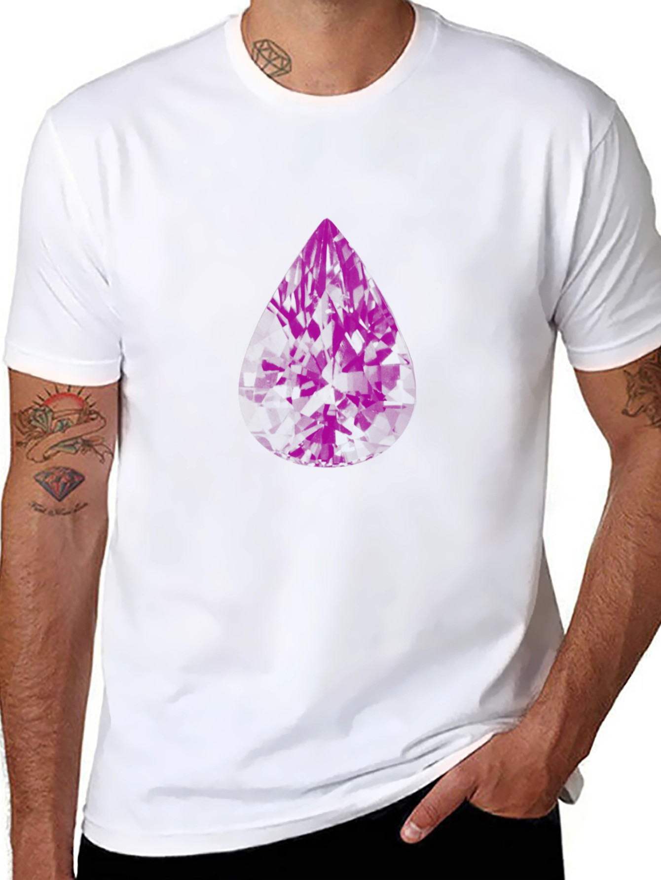 Modern Black T-Shirt with Abstract Purple Gem Design