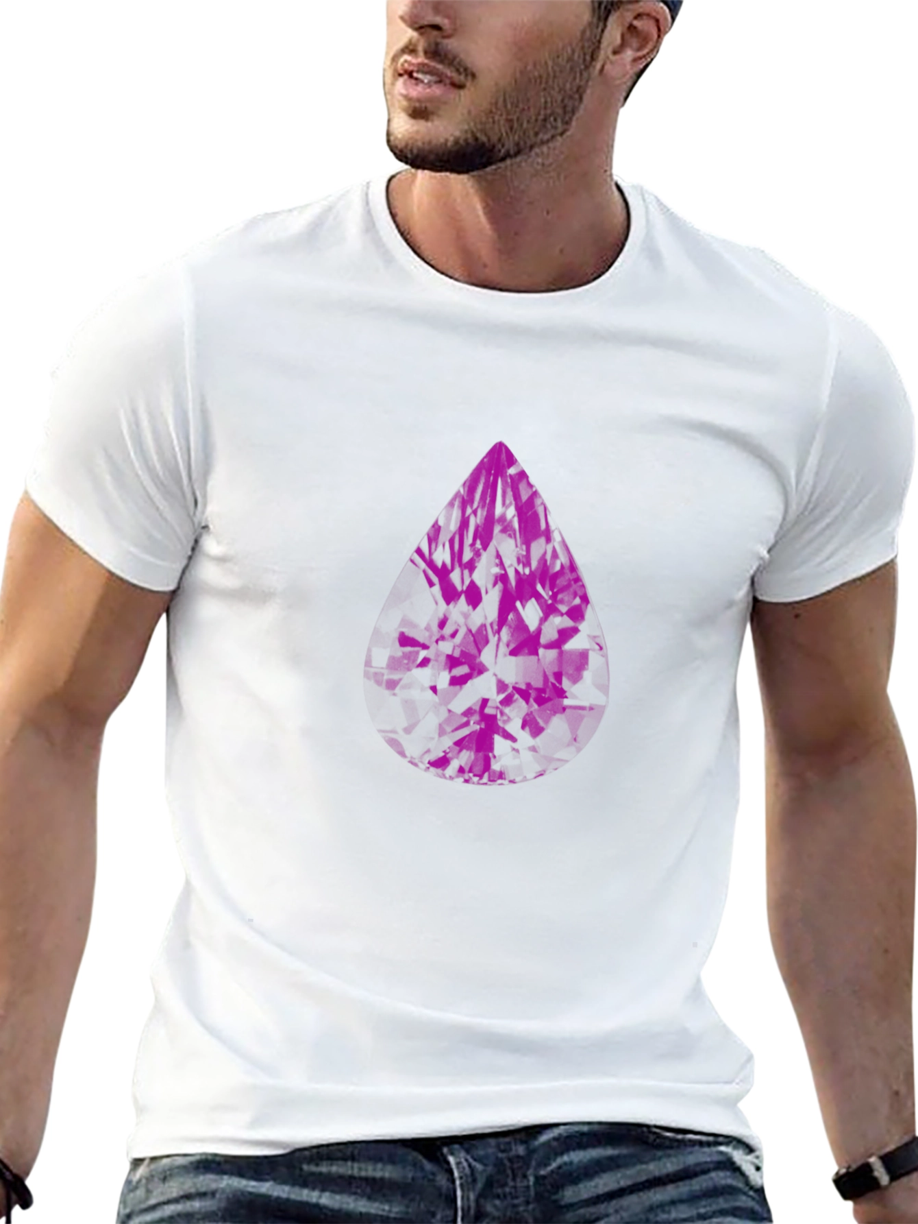 Modern Black T-Shirt with Abstract Purple Gem Design