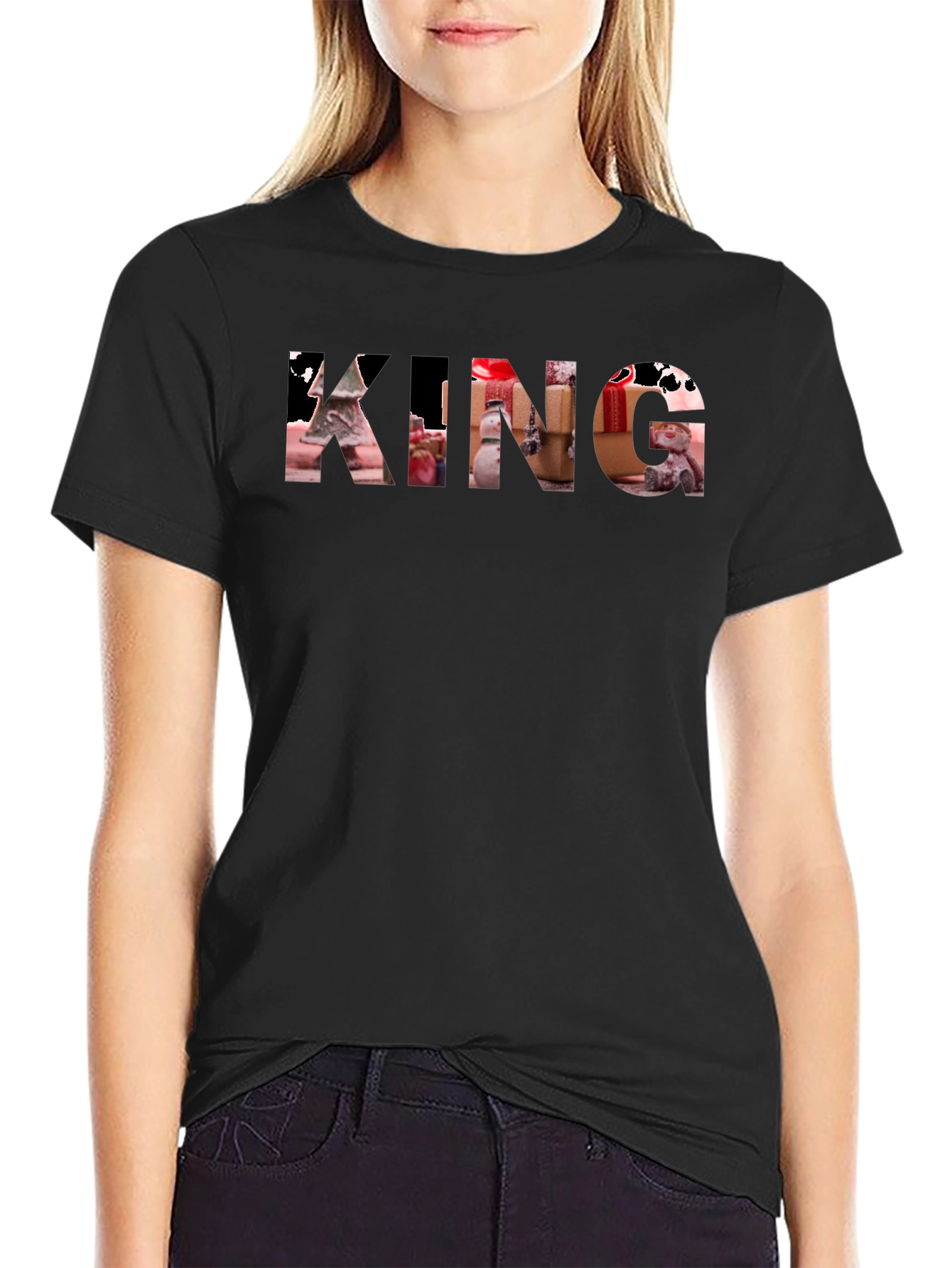 King Christmas Pattern Print Black T-Shirt