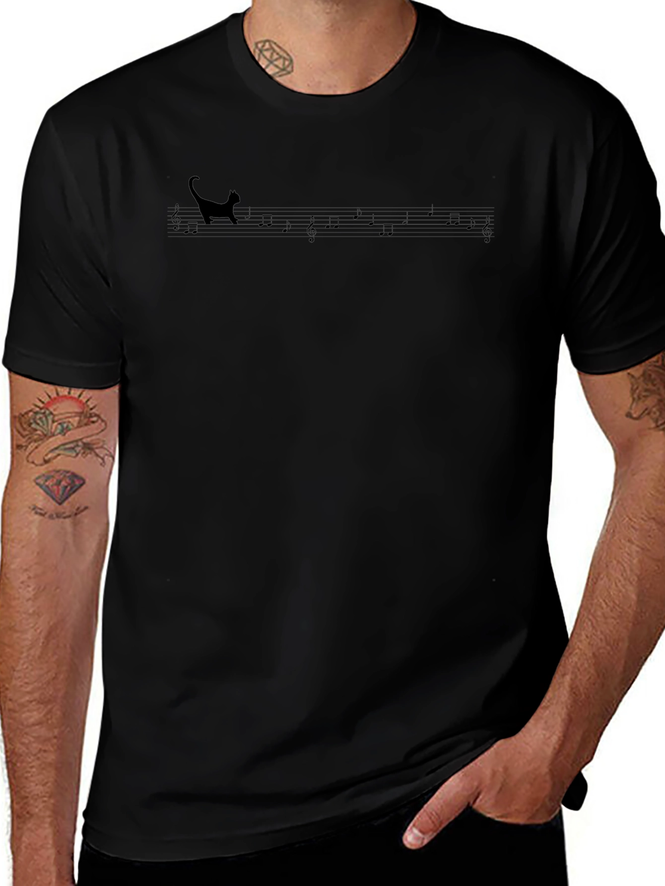 Cat Music Staff T-Shirt - Unisex Black Tee