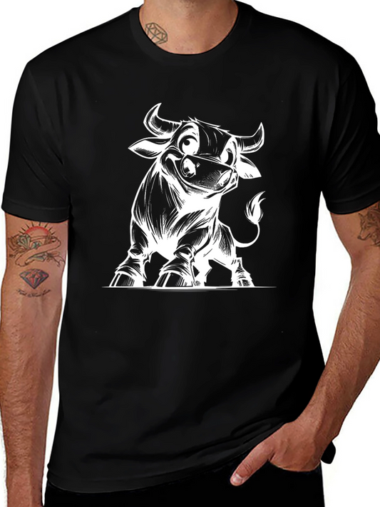 Cartoon Bull Graphic Tee - Black Cotton T-Shirt