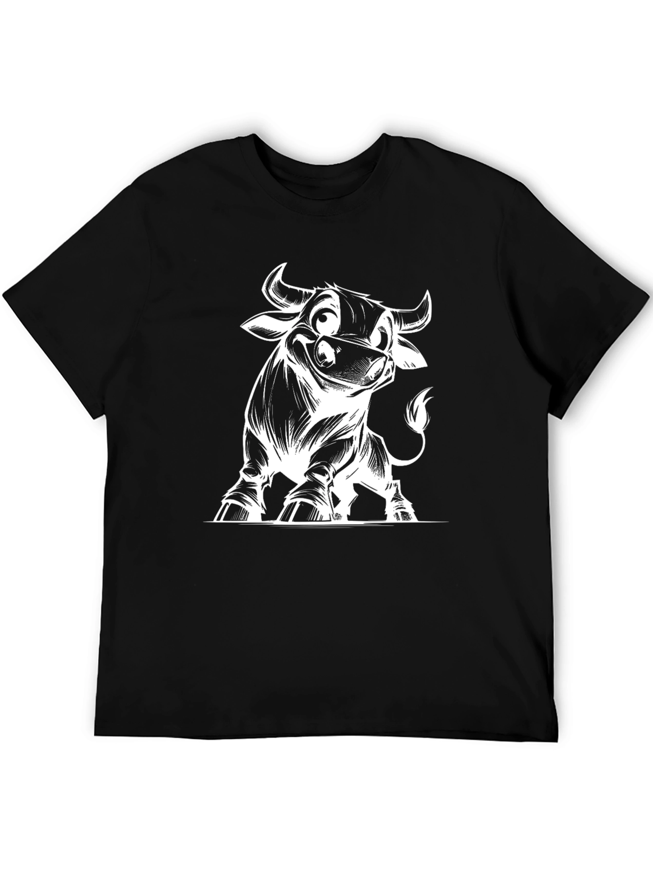 Cartoon Bull Graphic Tee - Black Cotton T-Shirt