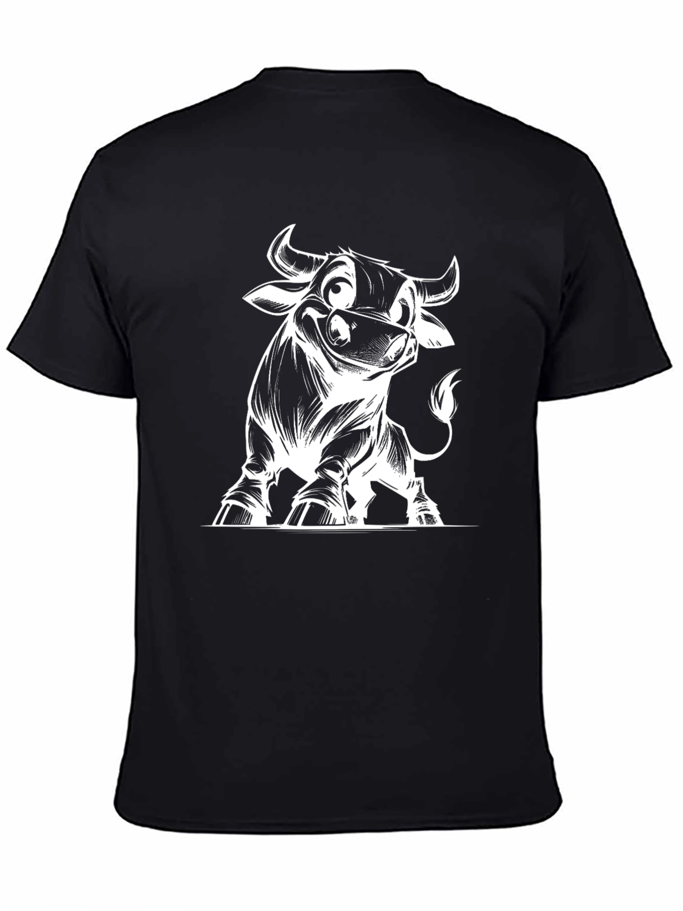 Cartoon Bull Graphic Tee - Black Cotton T-Shirt