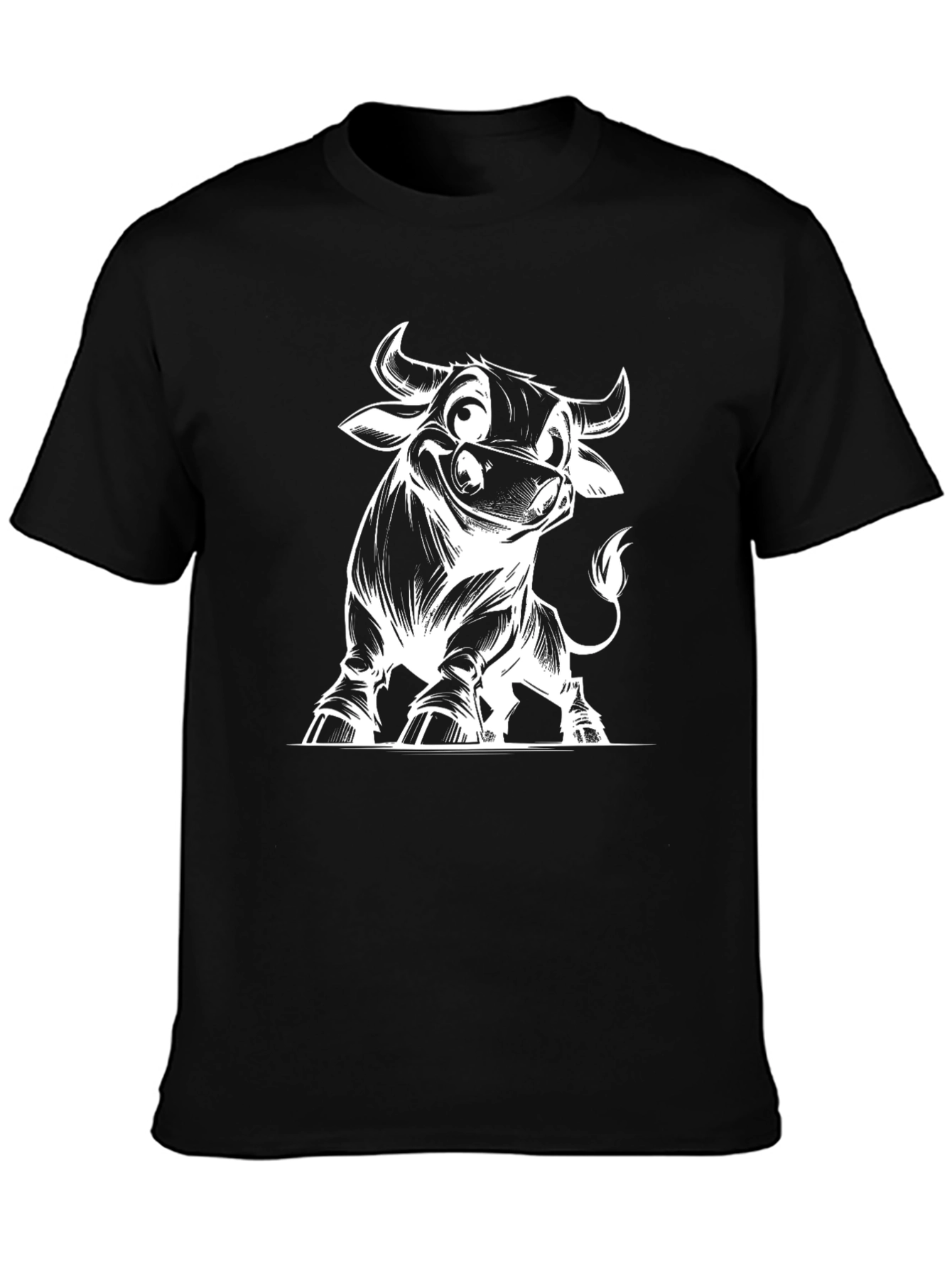 Cartoon Bull Graphic Tee - Black Cotton T-Shirt