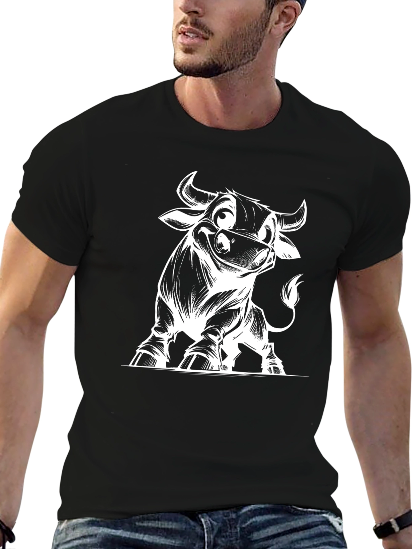 Cartoon Bull Graphic Tee - Black Cotton T-Shirt