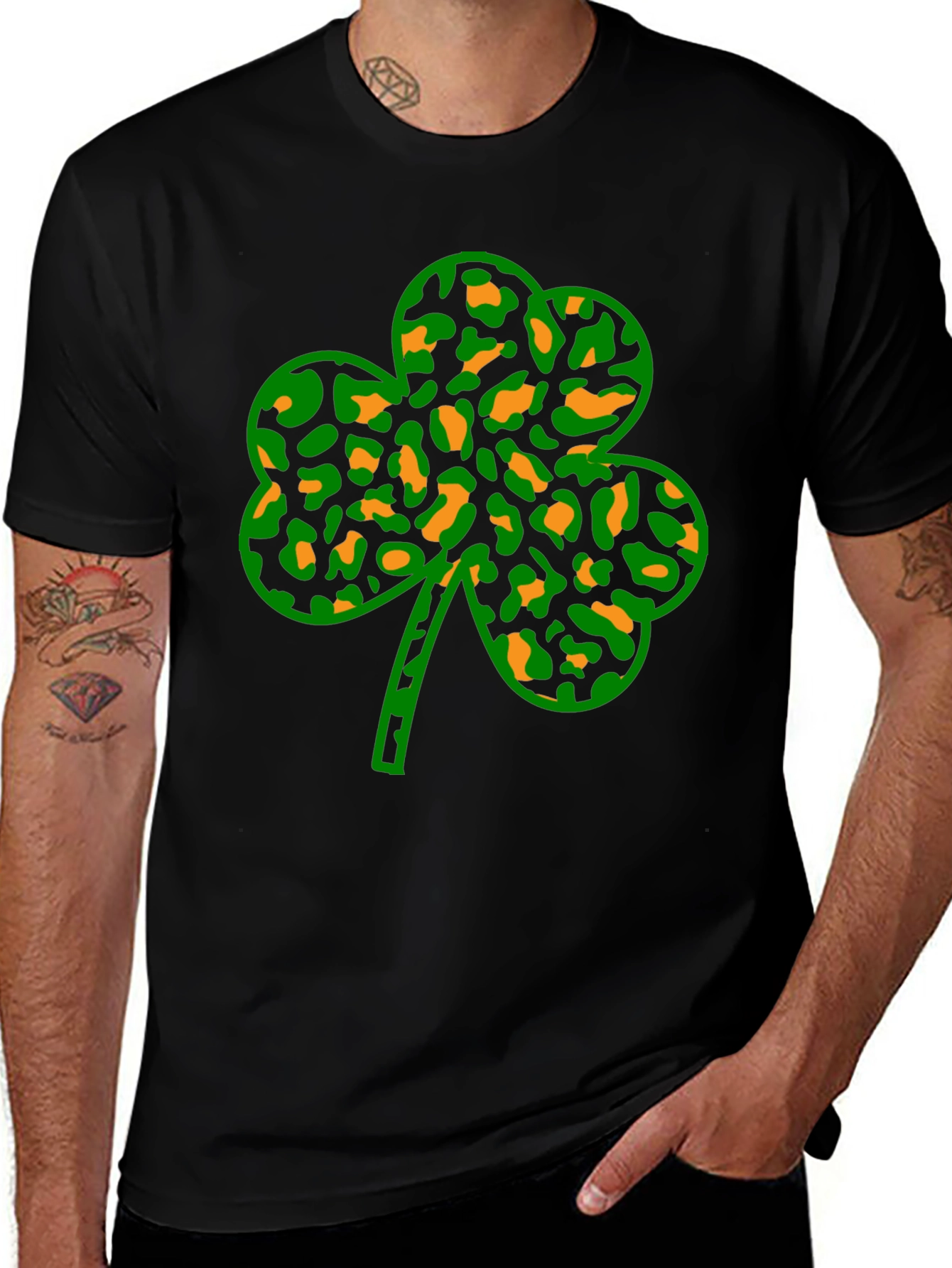 St. Patricks Day Clover Leopard Print Black Tee