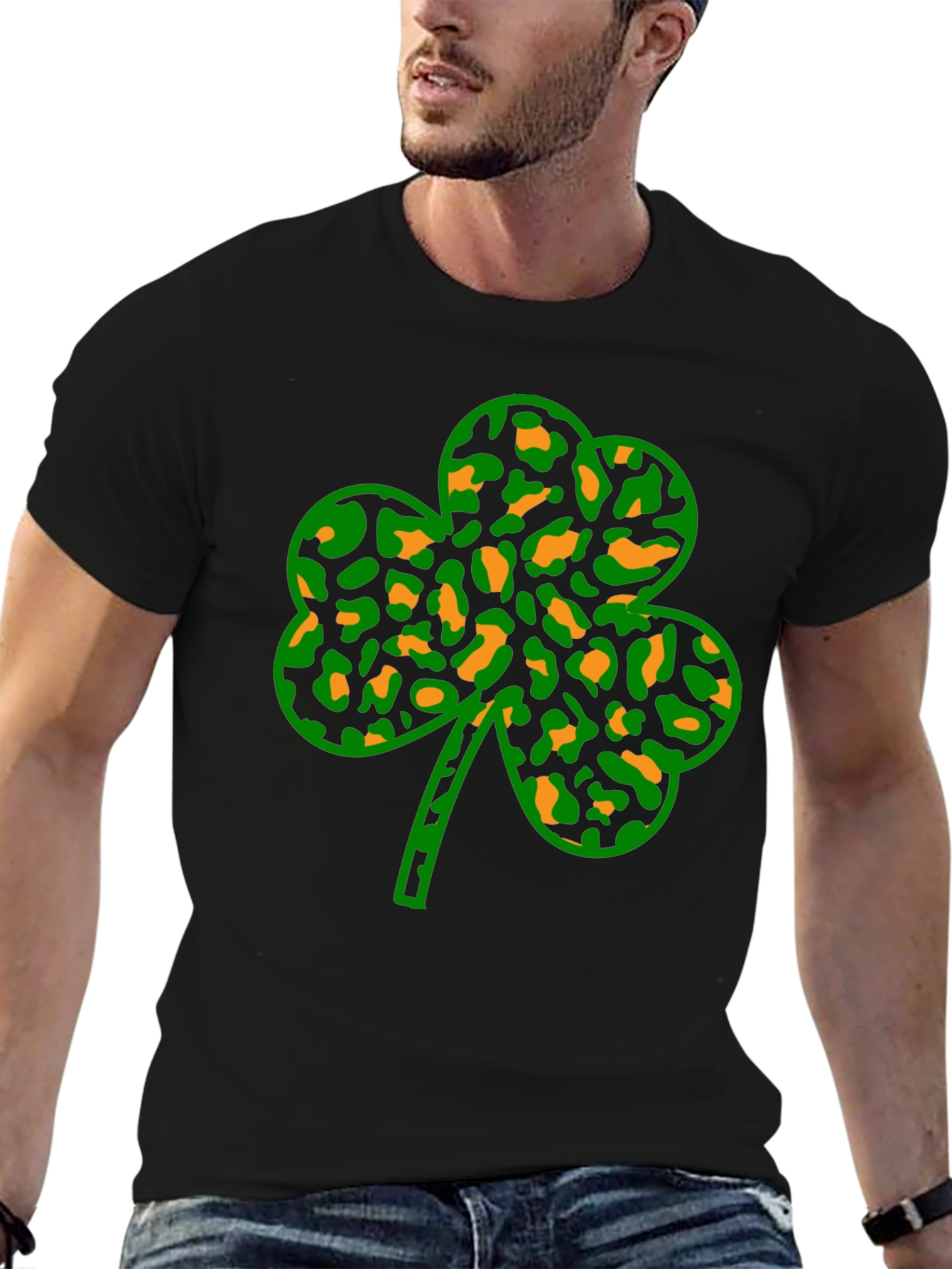 St. Patricks Day Clover Leopard Print Black Tee