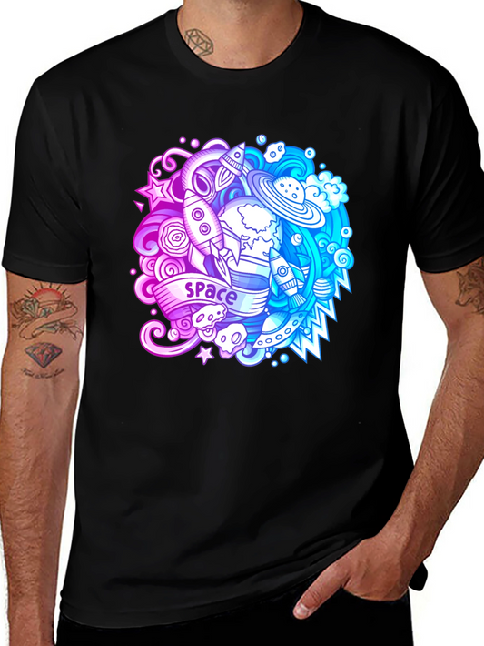 Space Theme Graphic T-Shirt - Bold Black Cotton Tee