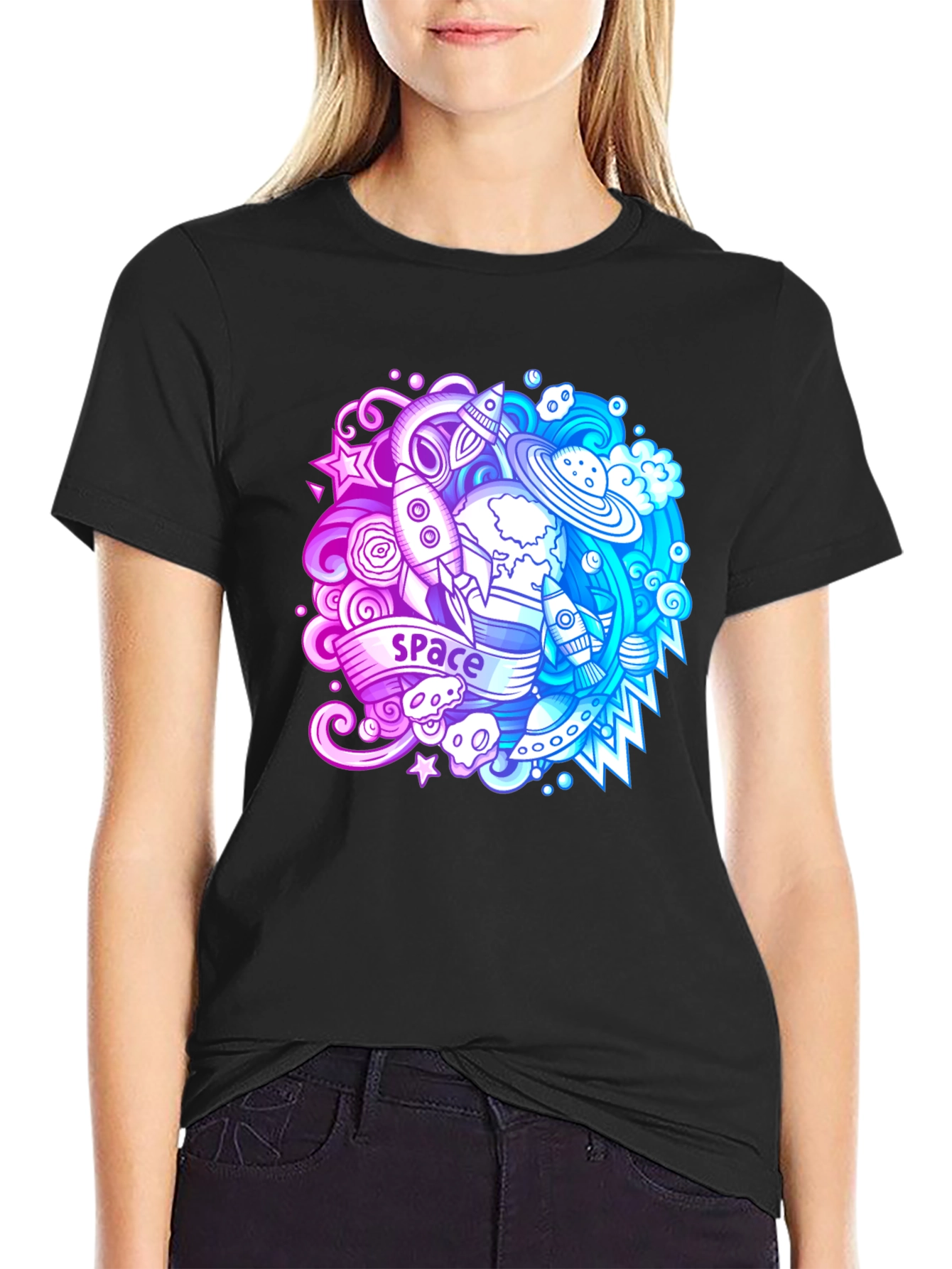 Space Theme Graphic T-Shirt - Bold Black Cotton Tee
