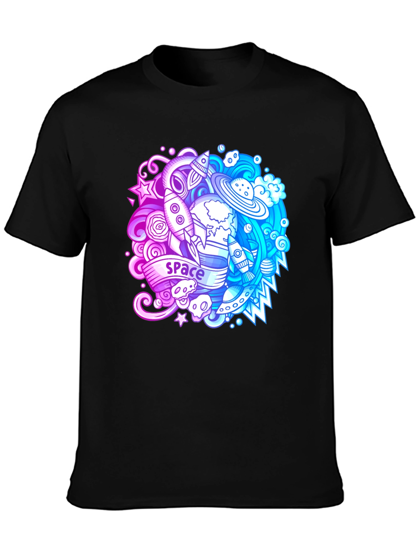 Space Theme Graphic T-Shirt - Bold Black Cotton Tee