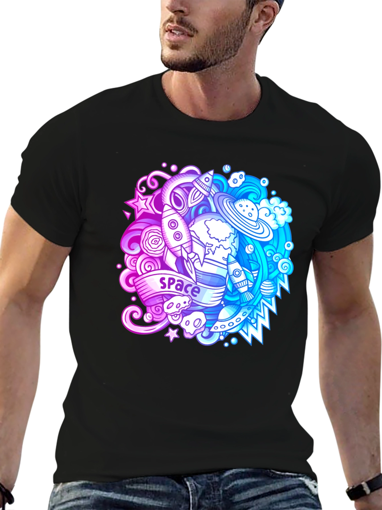 Space Theme Graphic T-Shirt - Bold Black Cotton Tee