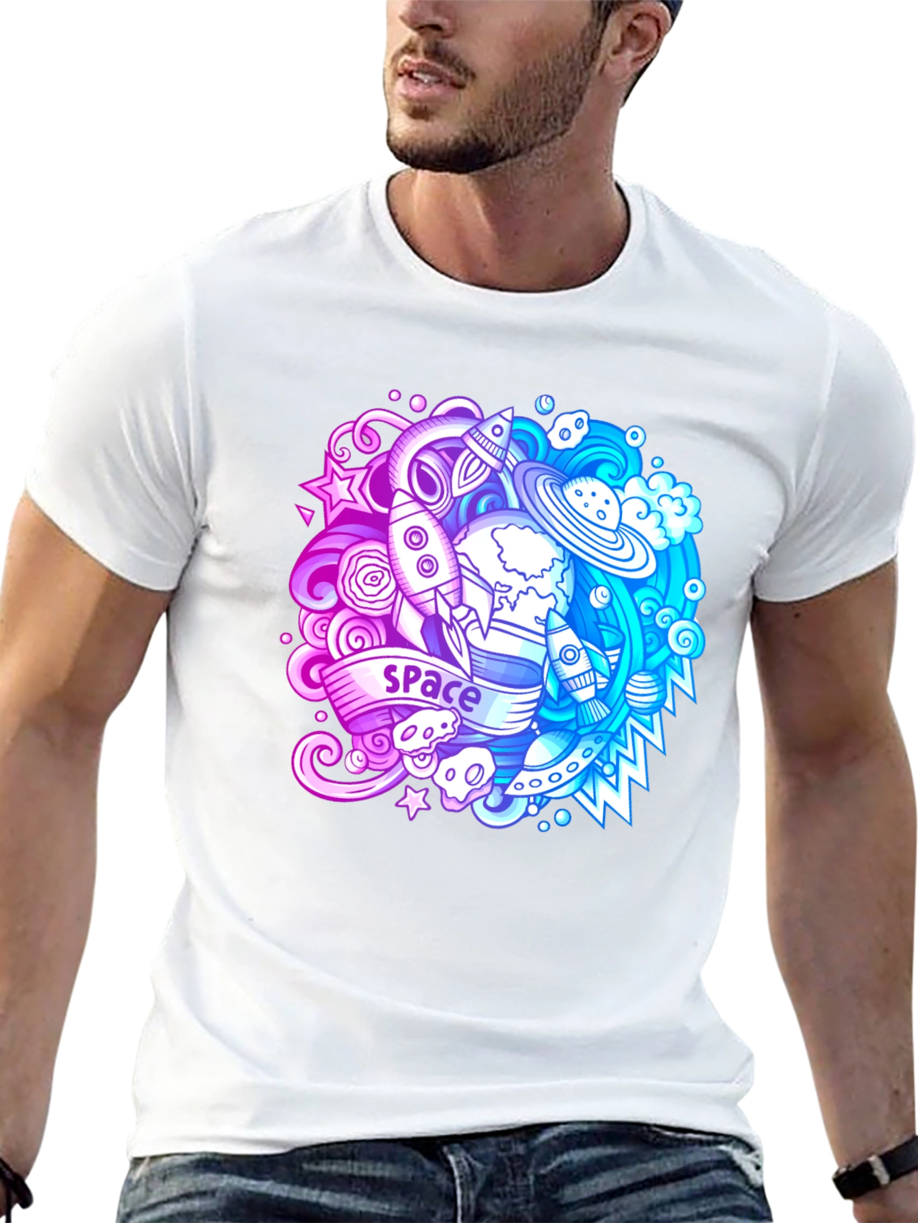 Space Theme Graphic T-Shirt - Bold Black Cotton Tee