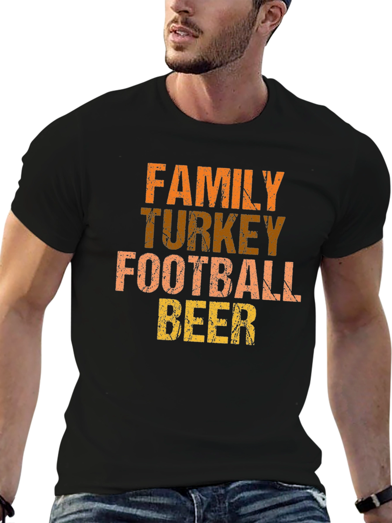 Thanksgiving Family Turkey Football Beer Black T-Shirt