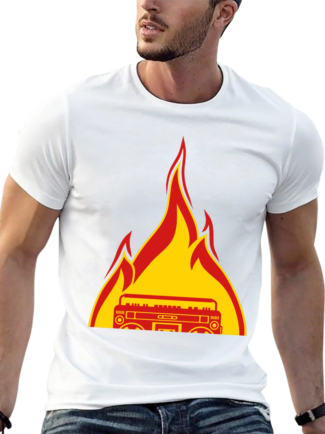 Flaming Boombox Graphic Tee - Retro Style