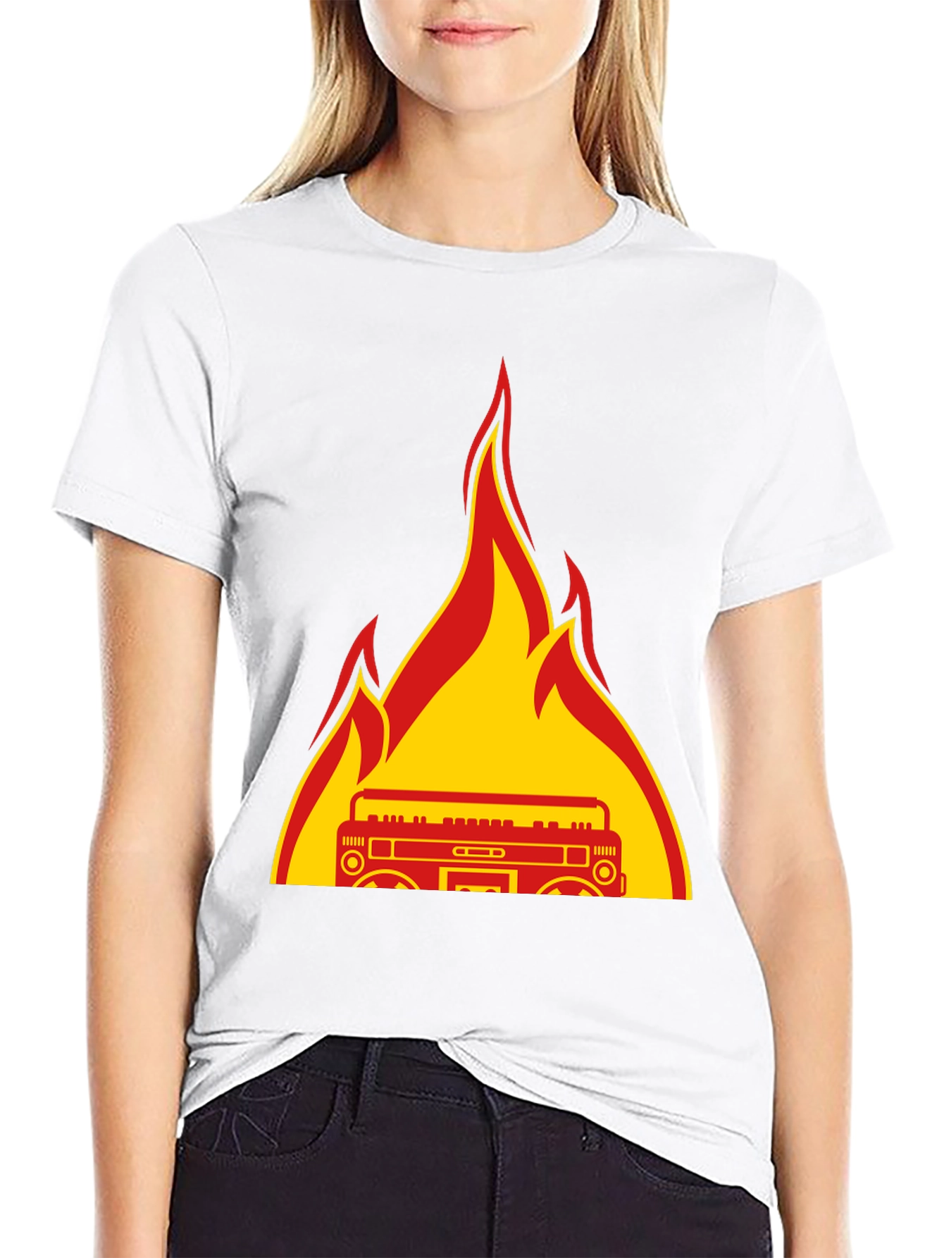 Flaming Boombox Graphic Tee - Retro Style