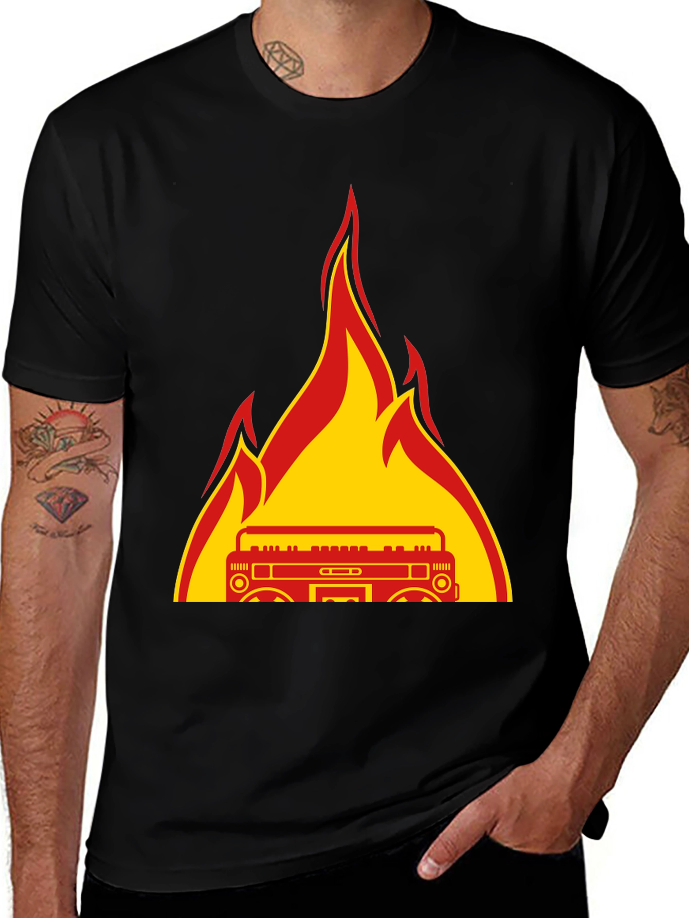 Flaming Boombox Graphic Tee - Retro Style