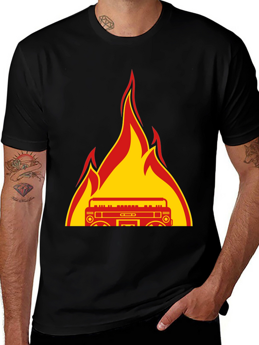 Flaming Boombox Graphic Tee - Retro Style