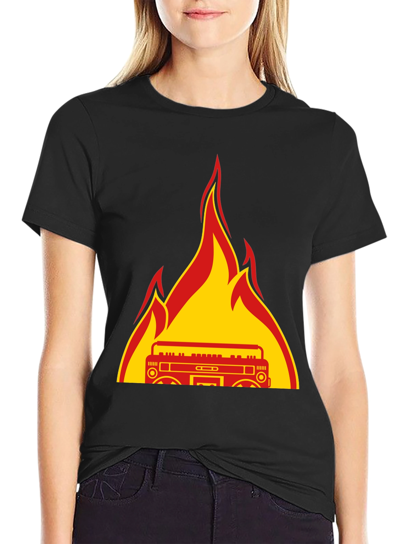 Flaming Boombox Graphic Tee - Retro Style