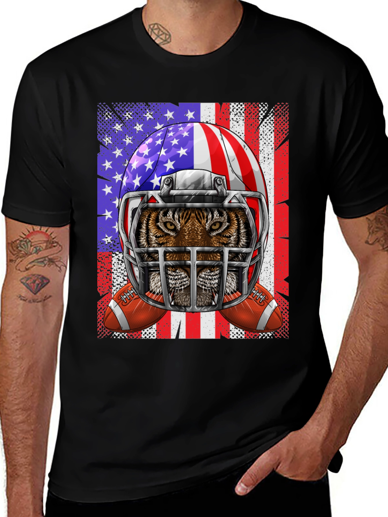 Tiger Football Helmet USA Flag Graphic Tee