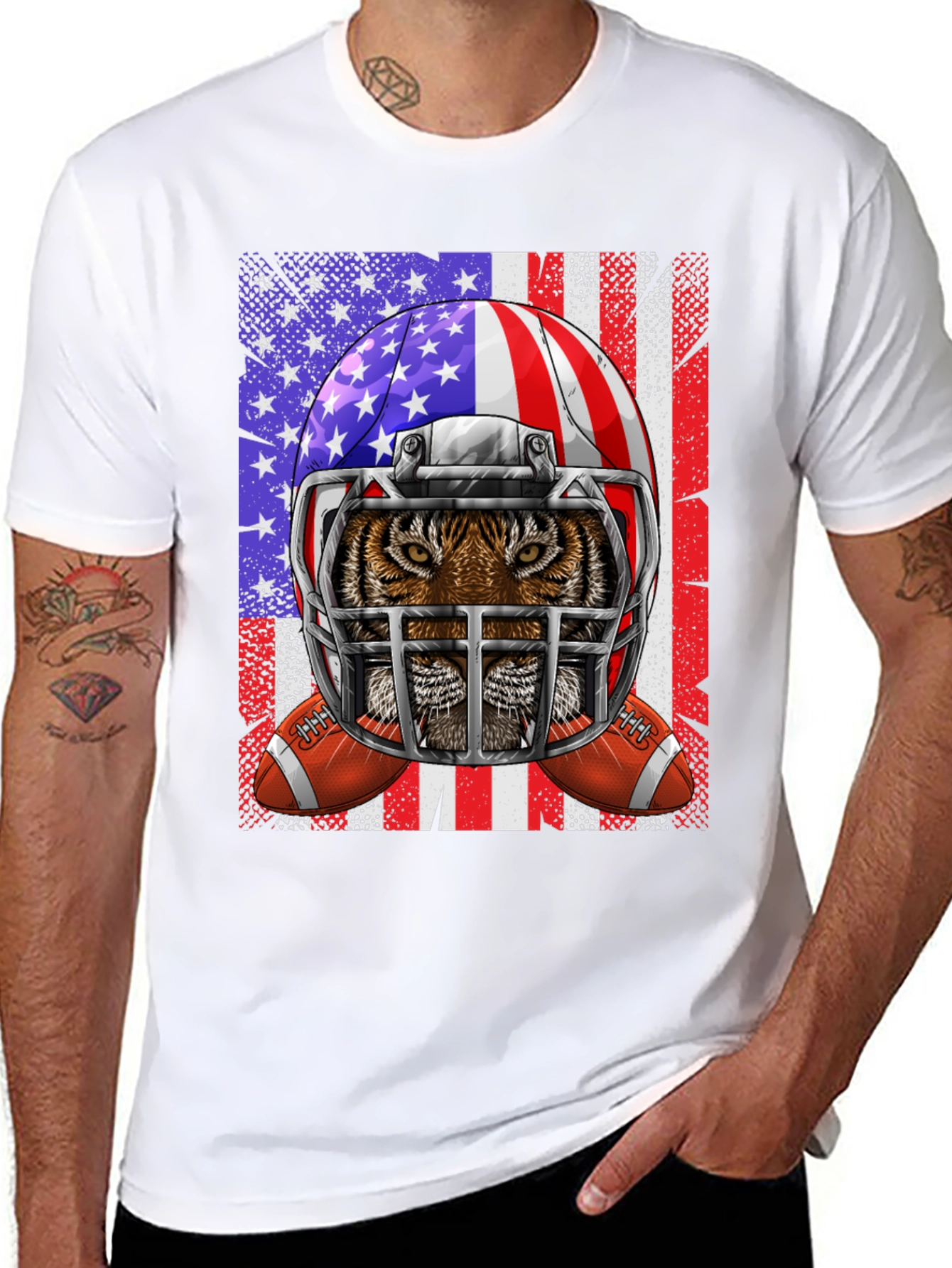Tiger Football Helmet USA Flag Graphic Tee