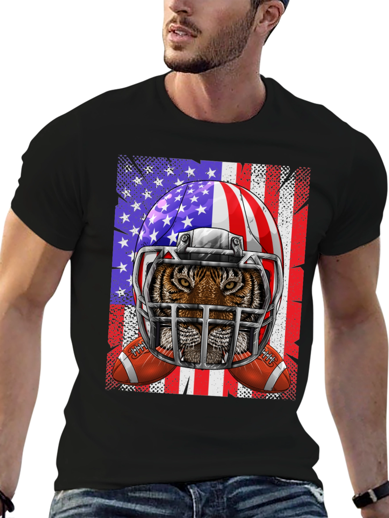 Tiger Football Helmet USA Flag Graphic Tee