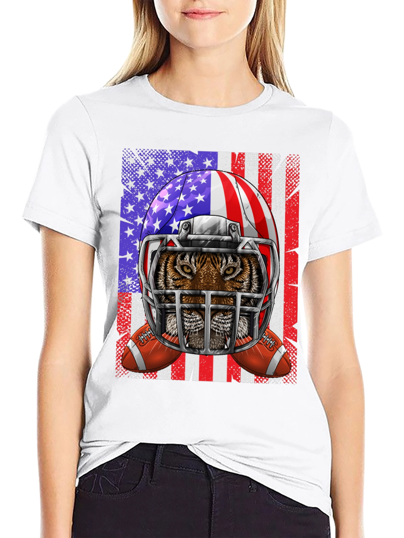 Tiger Football Helmet USA Flag Graphic Tee