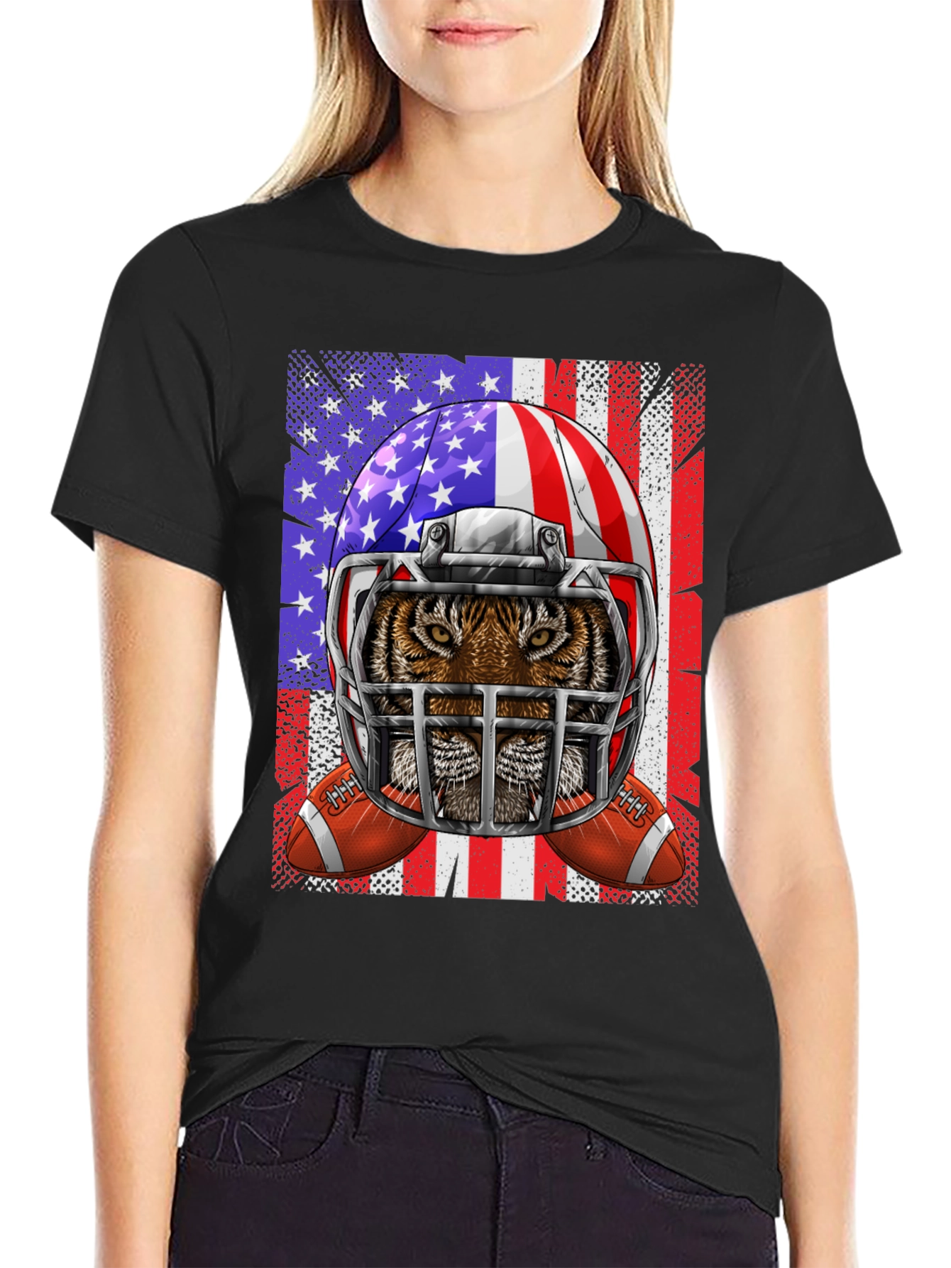 Tiger Football Helmet USA Flag Graphic Tee