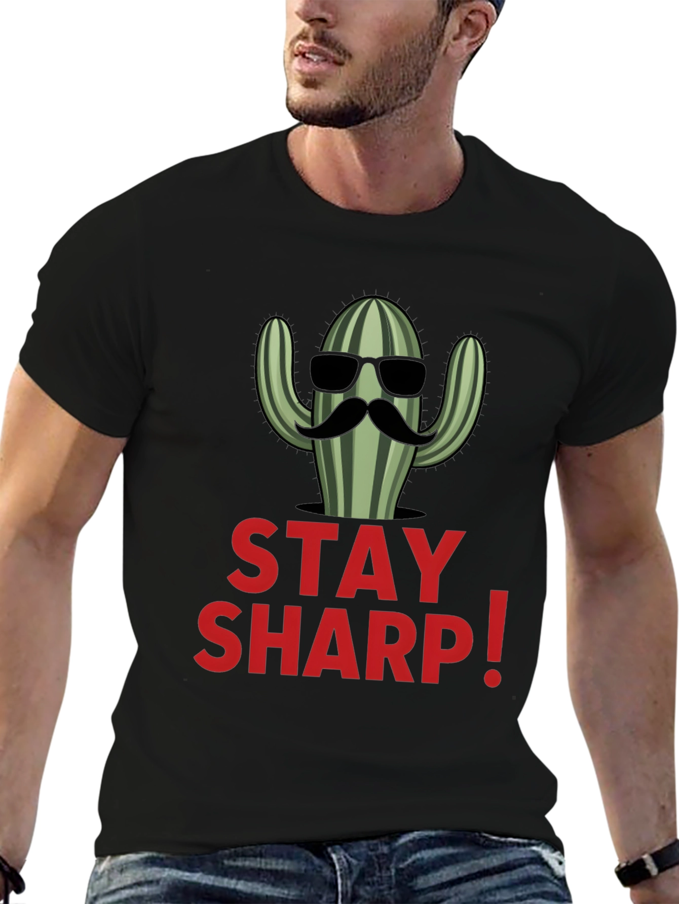 Stay Sharp Cactus Graphic Black T-Shirt