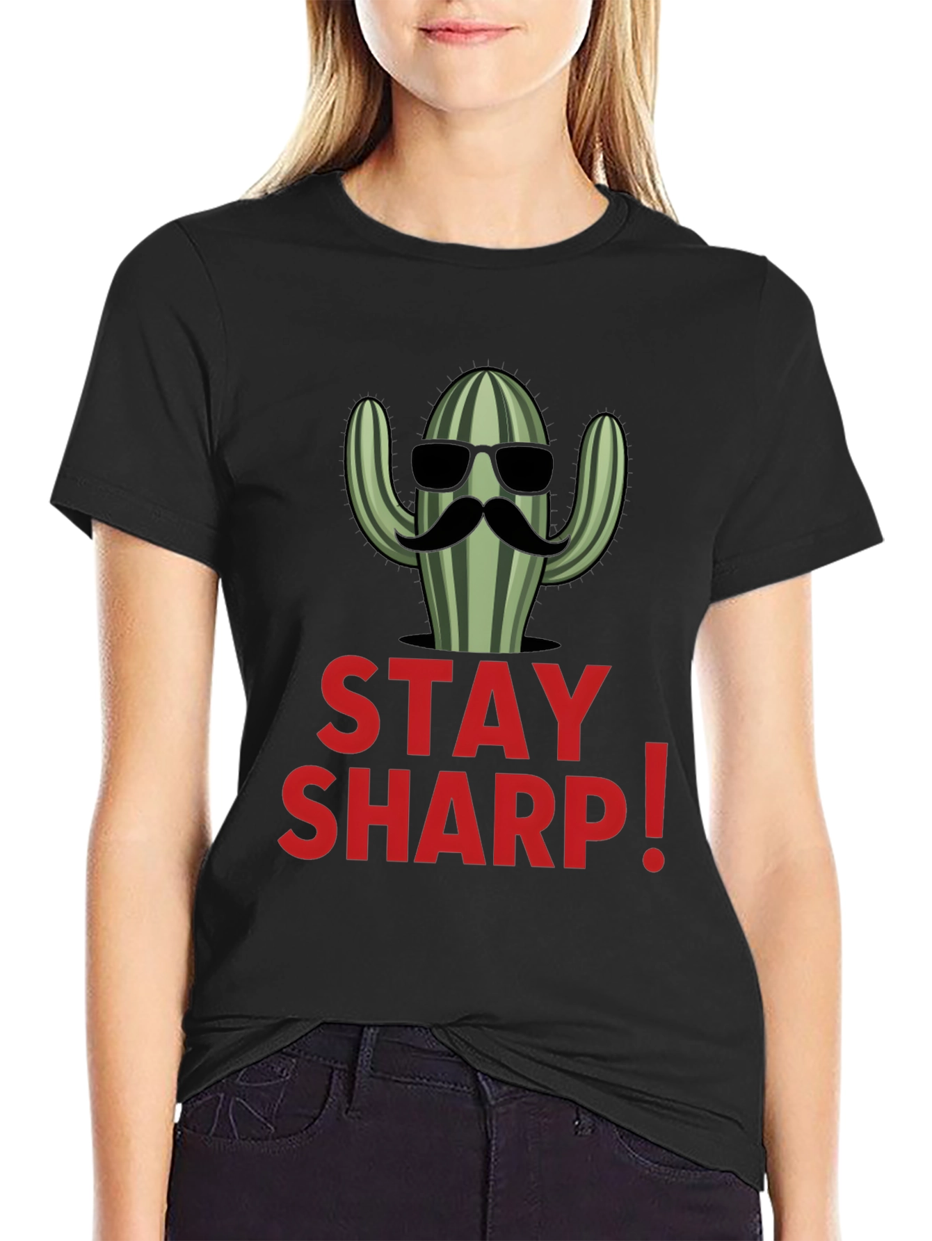 Stay Sharp Cactus Graphic Black T-Shirt