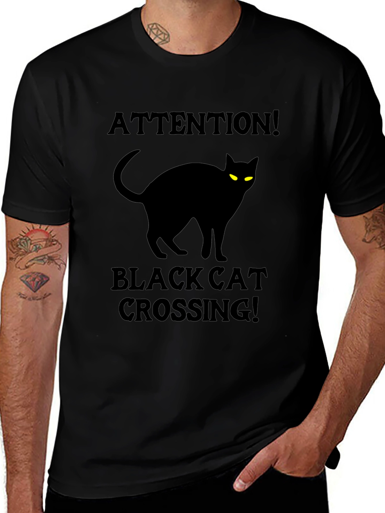Black Cat Crossing T-Shirt - Attention Halloween Tee