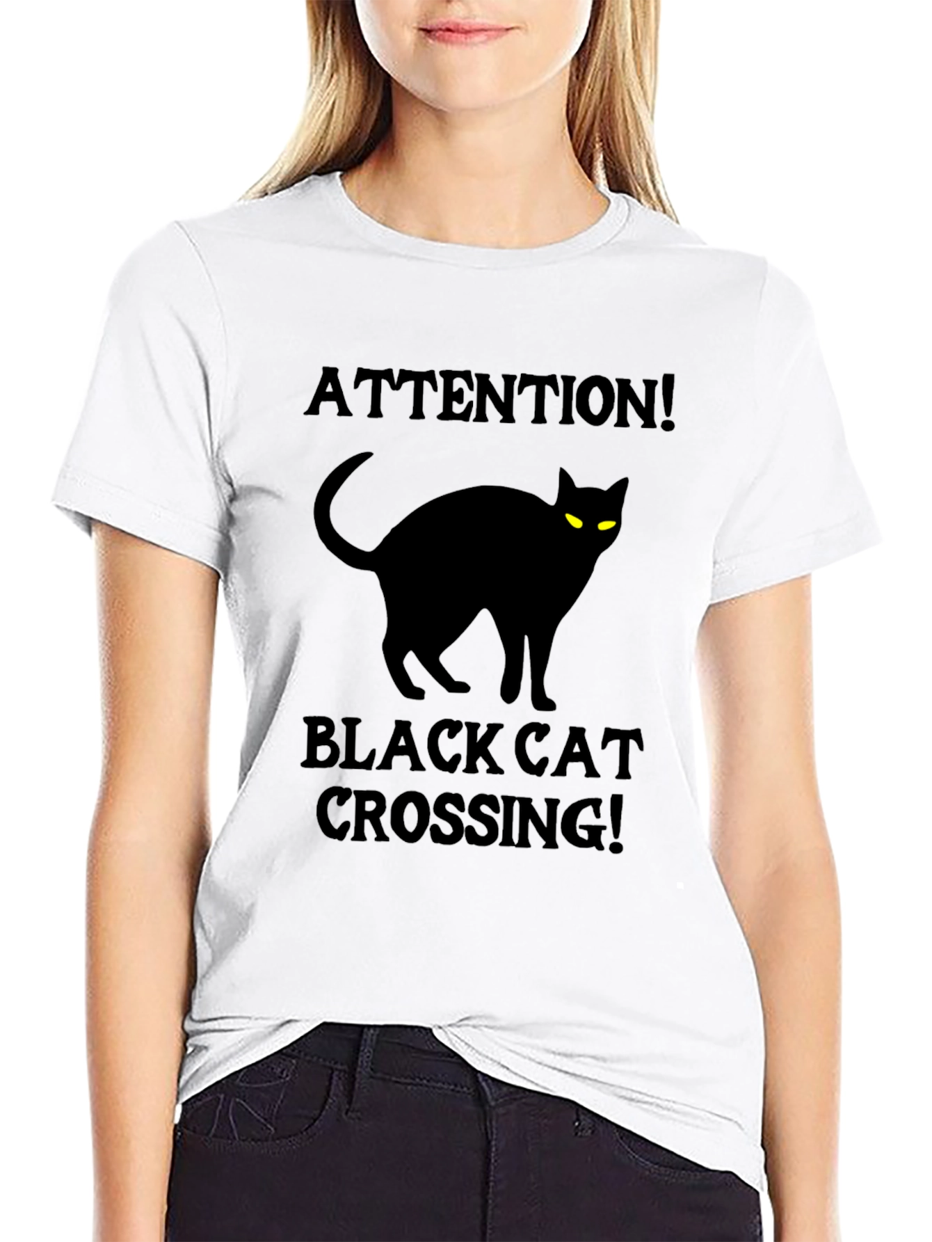 Black Cat Crossing T-Shirt - Attention Halloween Tee