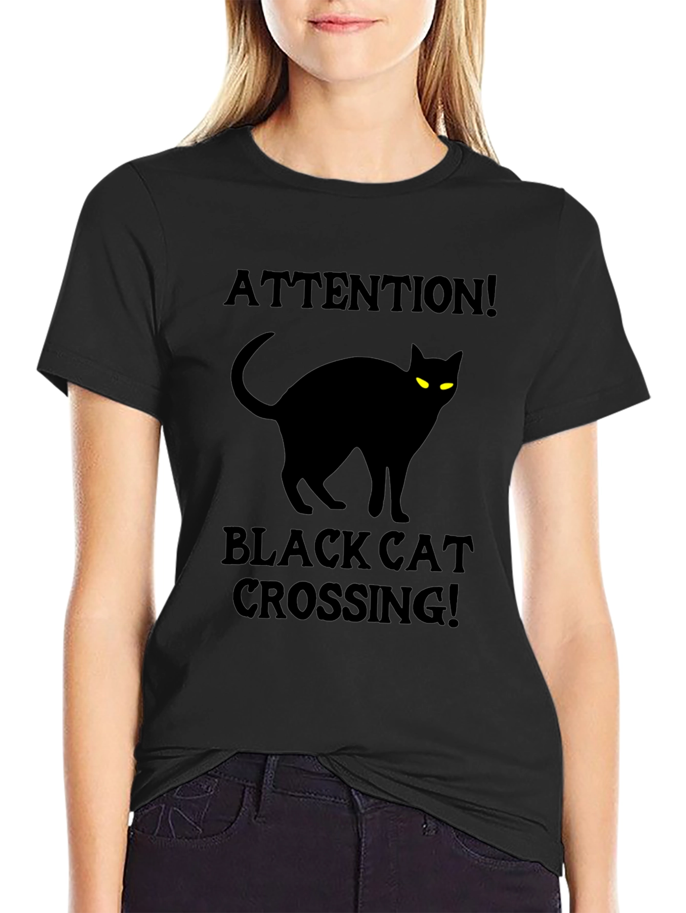 Black Cat Crossing T-Shirt - Attention Halloween Tee