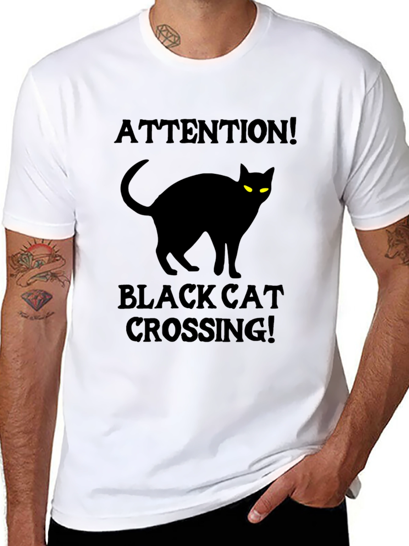 Black Cat Crossing T-Shirt - Attention Halloween Tee